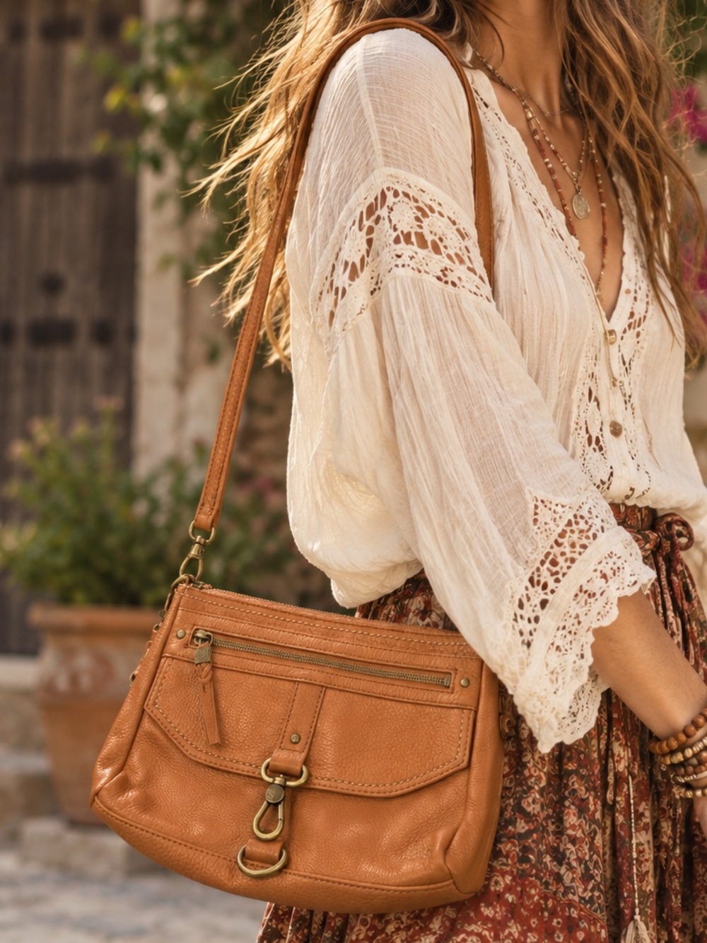 The Sak Top Notch Pebbled Leather Crossbody Shoulder Bag Brass Hardware FLAW